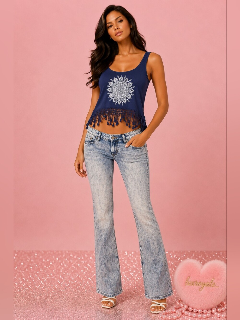 Boho Navy Fringe Tank Top Size Small Mandala Graphic Crochet Hem Festival Top